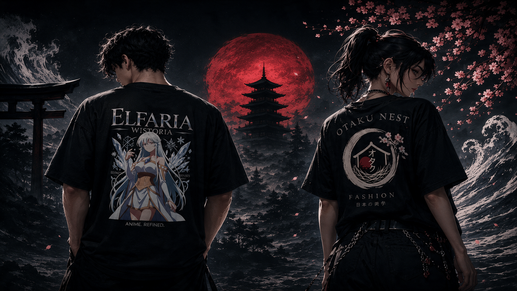 Two models seen from behind wearing oversized Otaku Nest graphic T-shirts, facing a red moon over a pagoda